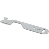 Close view of the Lokko Pocket Shove-It hooked tip cut into flat stainless steel for driving a spring latch