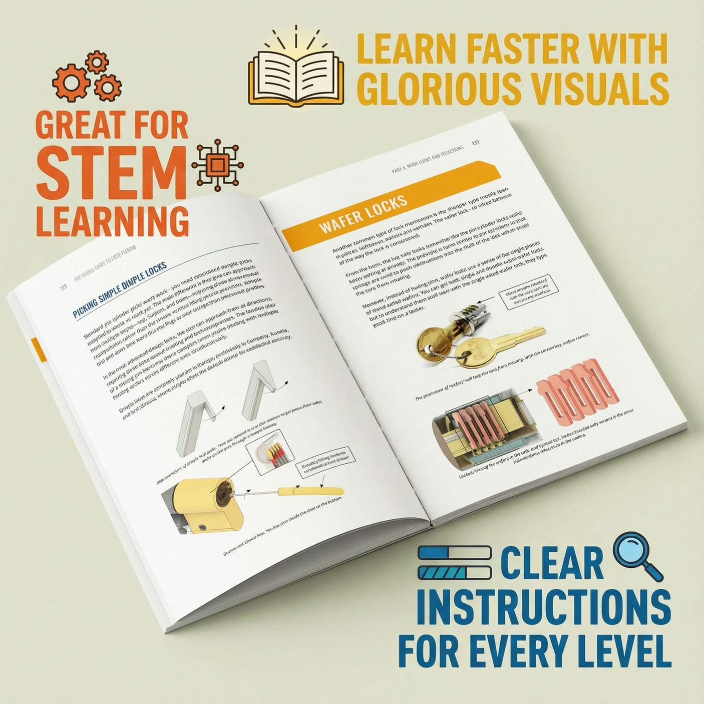 Open book page showing illustrations on lock picking techniques with clear instructions for beginners.