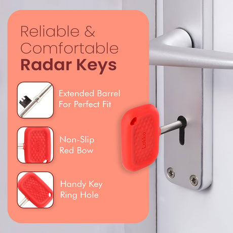 Red Lokko radar key in door lock, featuring non-slip bow and extended barrel for perfect fit in disabled toilets.