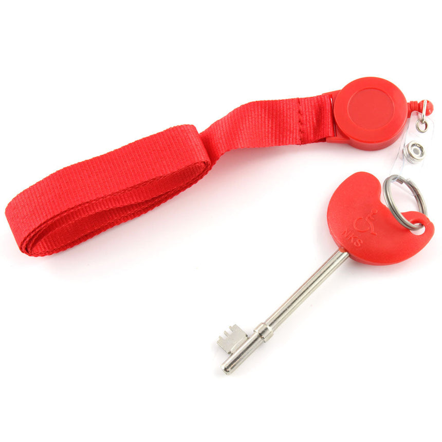 Red Lokko disabled toilet key with large grip and braille head on a keyring with a red strap for RADAR doors.