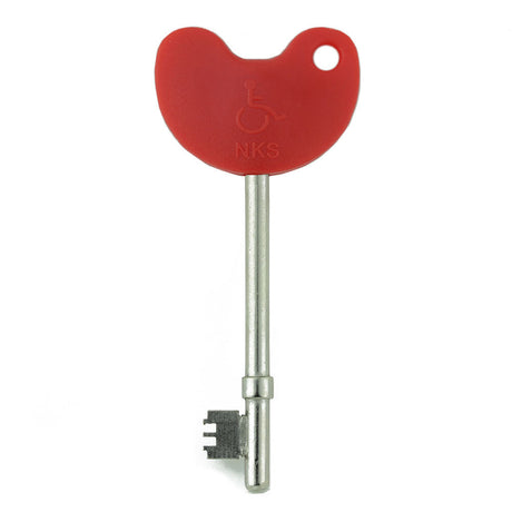 Lokko disabled toilet key with large grip braille head for RADAR doors, red handle with accessibility symbol and NKS engraving.