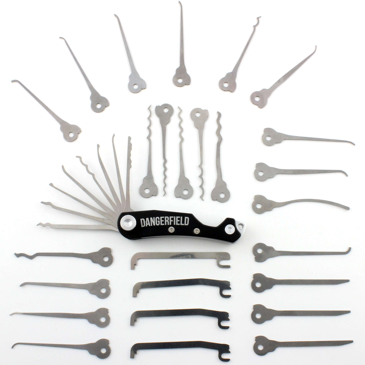 Dangerfield Skeleton Multitool with 26 Piece Lock Pick Expansion Set laid out in an array, showcasing EDC tools and rakes.