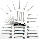 Dangerfield Skeleton Multitool with 30 Piece Lock Pick Expansion Set laid out in an array, showcasing EDC tools and rakes.