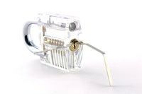 Soho lock rakes inserted into a transparent practice lock on a white background