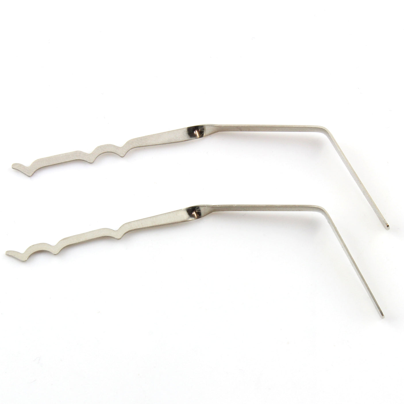 A pair of silver-colored metal lock rakes with a fine gauge design, displayed against a white background.