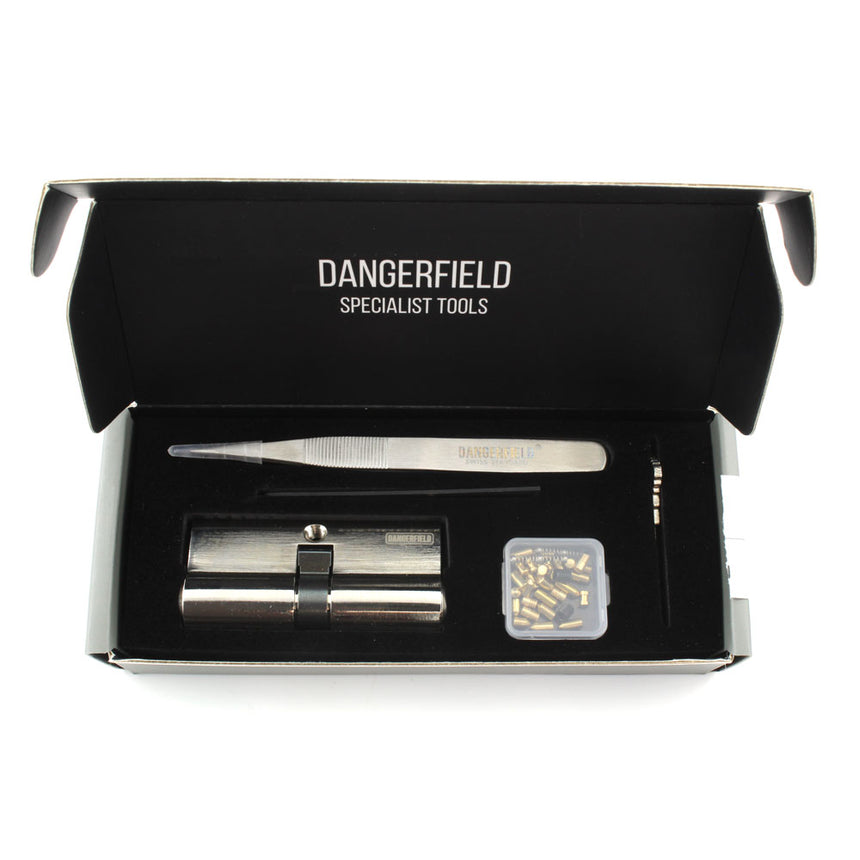 Dangerfield Brushed Aluminium Cutaway Practice Lock +Pins and Tweezers - Repinnable, Configurable Solid Metal Training Lock