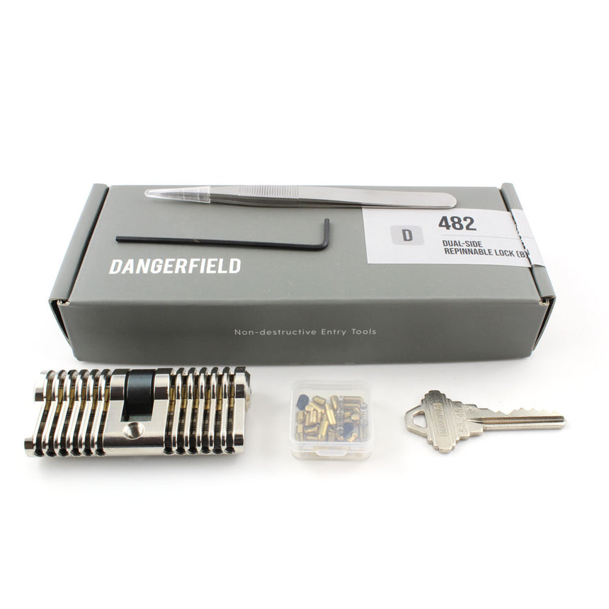 Dangerfield Brushed Aluminium Cutaway Practice Lock +Pins and Tweezers - Repinnable, Configurable Solid Metal Training Lock