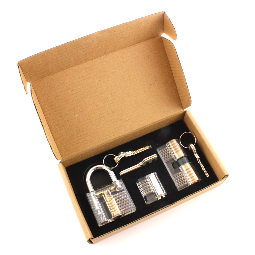 Dangerfield Essential Pack featuring three practice locks and keys in an open box, ideal for improving lock-picking skills.