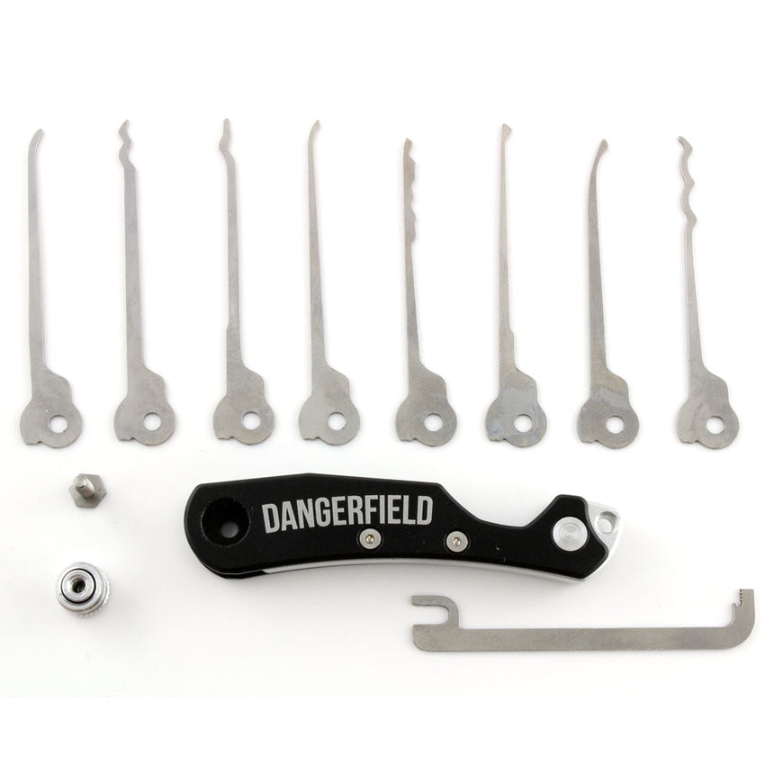 Dangerfield Skeleton Lock Pick EDC Multi-Tool with aerospace-grade aluminum body and 301 stainless steel picks and accessories.