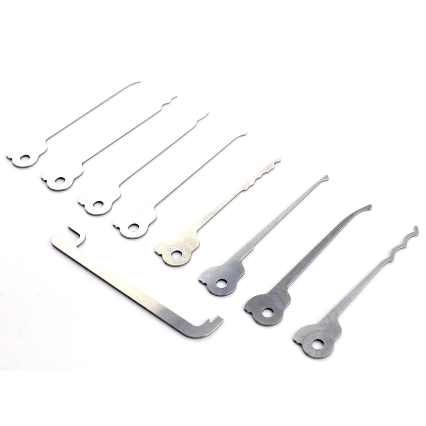 Skeleton lock pick set with aerospace-grade aluminum and stainless steel for EDC toolkits, featuring 9 adjustable tools.