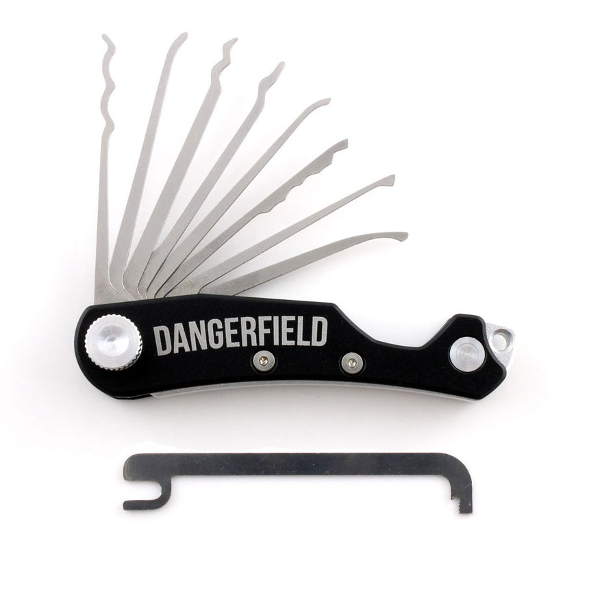 Dangerfield Skeleton multi-tool lock pick set with aerospace aluminum body and adjustable stainless steel picks.