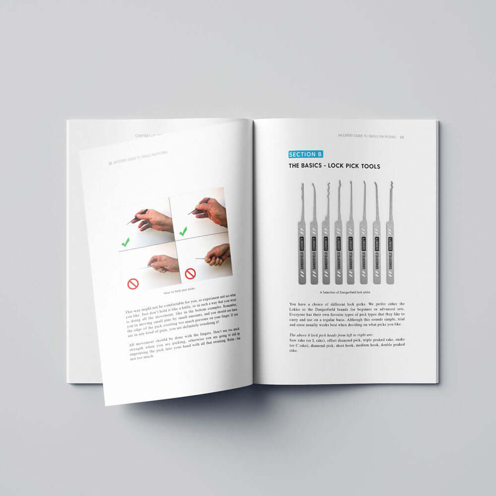 Open lock-picking booklet from Dangerfield Essential Pack, featuring step-by-step instructions and images.