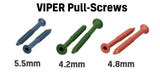 Viper self-tapping pull screws in 5.5mm, 4.2mm, and 4.8mm sizes with anti-friction coating shown in blue, green, and red colors.